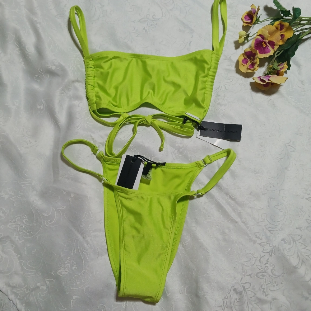 NWT Kendall & Kylie 2 Piece Swim Neon Hot Green Bandeau High Cut Bikini